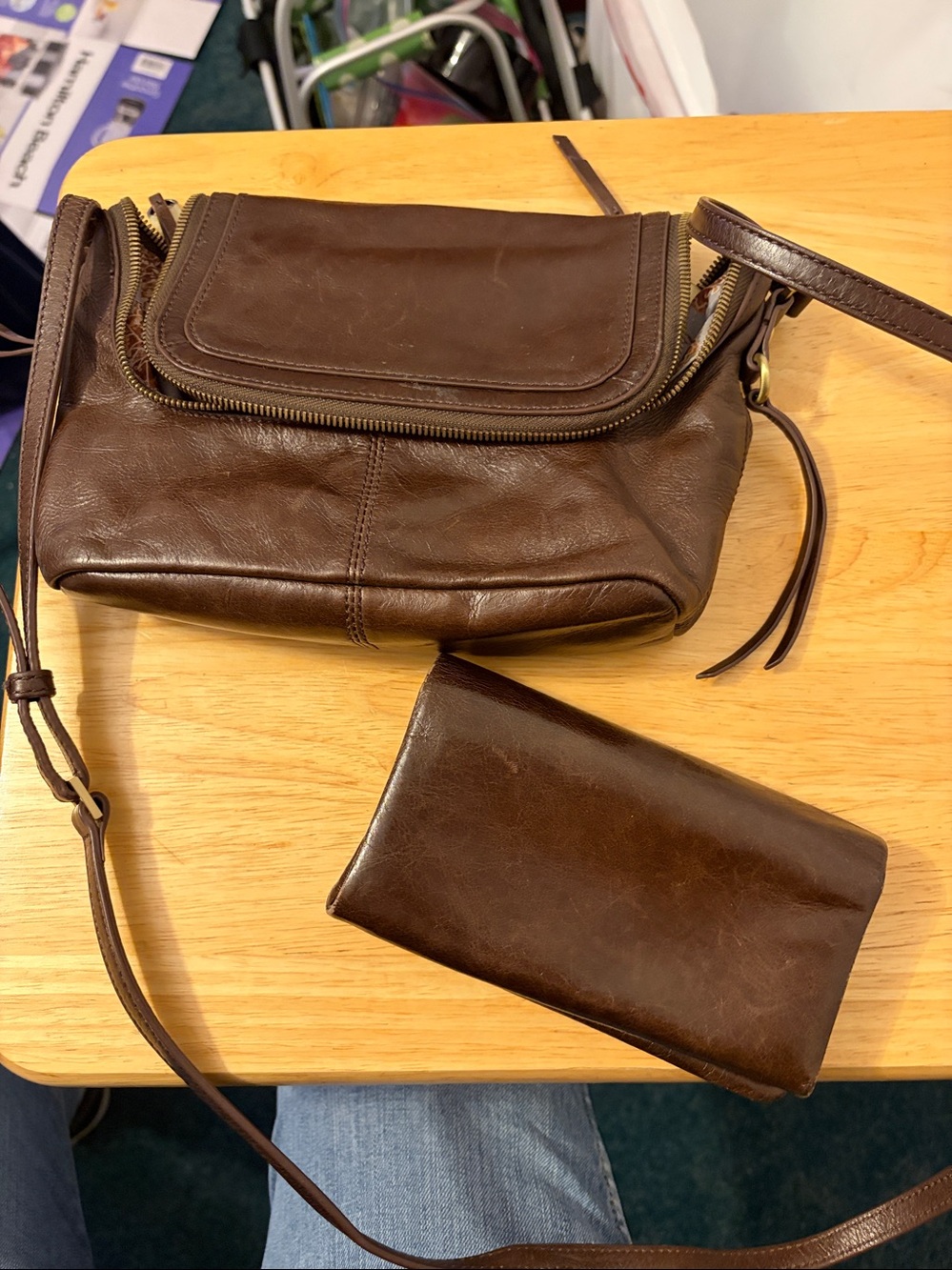 Classic Hobo Brand Brown Leather Crossbody Bag with matching wallet